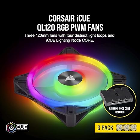 CORSAIR QL Series, QL120 RGB, 120mm RGB LED Fan, Triple Pack with Lighting Node CORE